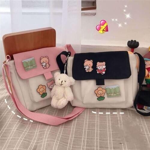 Multi-purpose Canvas Shoulder Bags Female Girl Cute Cartoon Bear Messenger Bag School Bags Cartoon School Bags for Children Gift