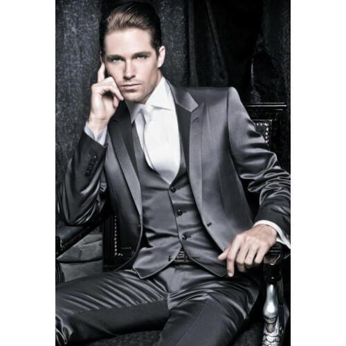 Fashionable Two Buttons Shiny Grey Groom Tuxedos Peak Lapel Groomsmen Men Blazers 3 pieces Suits (Jacket+Pants+Vest+Tie) NO:261