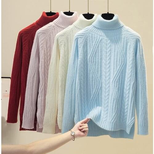 Mohair Turtleneck Sweater Womens Thicken Loose Pullovers Autumn Winter Outerwear 2021 solid Loose Sweater Pullover female tops