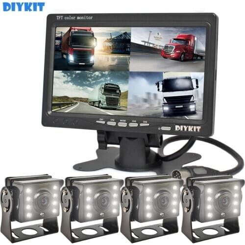 DIYKIT 7" TFT LCD 4 Split QUAD Rear View Monitor Car Monitor + CCD IR Night Vision Rear View LED HD Camera for Truck Bus RV