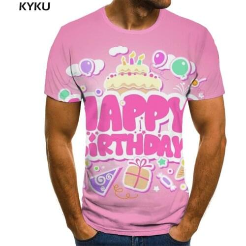 KYKU Brand Happy Birthday T shirt Men Cake T-shirts 3d Ice Cream Tshirt Printed Pink Anime Clothes Mens Clothing T shirts New