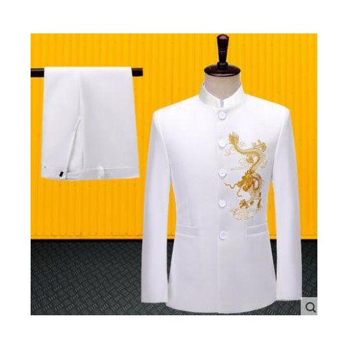 Blazer men groom suit set with pants mens white Chinese tunic suit singer stage clothing embroidery formal dress b590