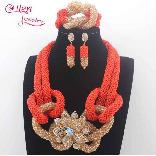 New Coral Orange Burgundy Wedding Party Beads African Jewelry Set Gold Nigerian Wedding Gallery Jewelry Set Free Shipping N0101