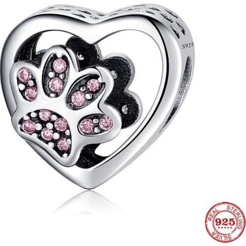 New 925 Sterling Silver Beads Love Heart Dog Cat Footprints Charm Fit Original Pandora Bracelet Women DIY Animal Jewelry Making