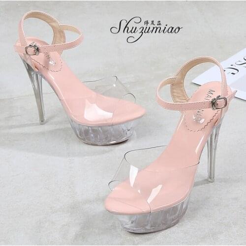 Sexy Women Sandals shoes Platforms High Heels 15cm Summer Woman Transparent Crystal Shoes Sandals Thin Heel Wedding Shoes Female