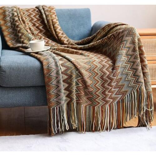 Sofa Throw Hand Knitted Blanket with Tassel Summer Blanket Bed Travel Breathable Chic Bohemian Soft Comfortable Blanket