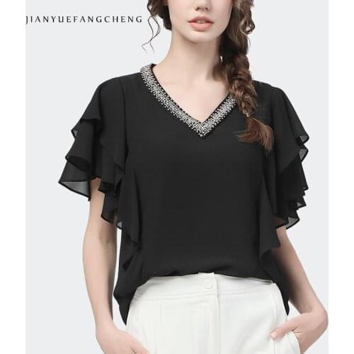 Luxury Beading V-Neck Black Chiffon Blouse Women Short Sleeve Summer Top 2020 New Loose Plus Size Fashion All-Match Casual Tops