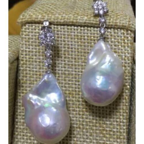 Pair of mm natural south sea genuine baroque white pearl dangle earring 925 silver
