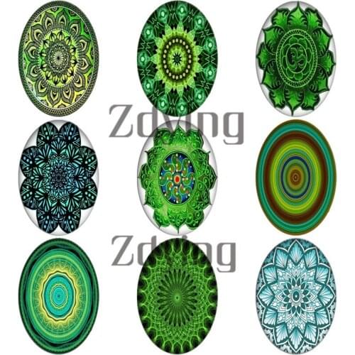 Zdying 10pcs/lot Oval DIY Glass Cabochons Green Mandala Bohemia Flower Pattern Domed Demo Flat Back Base Jewelry Findings Charm