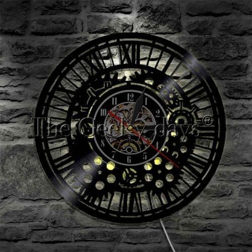 Steampunk Gear Mechanism LED Hanging Lamp Vinyl Record Wall Clock Cogwheels Multi Colors Decorative Lighting