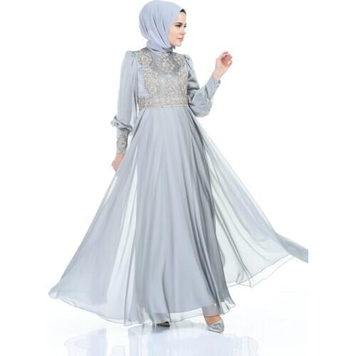 Minahill Beaded Embroidered Evening Dress Gray 6166-02