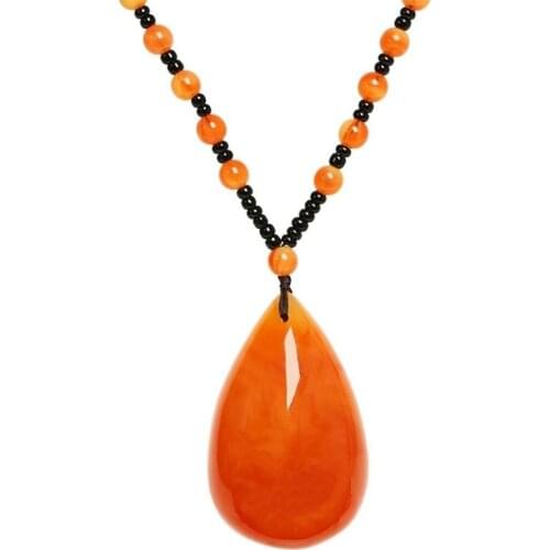 Vintage Ethnic Beeswax Pendant Necklaces for Women Men Trendy Amber Carved Charm Necklace Sweater Chain Jewelry Accessories