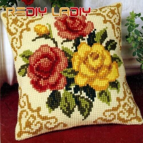Cross Stitch Cushion Roses Bouquet DIY Chunky Cross-Stitch Kits Acrylic Yarn Pillow Case Home Decor Sofa Pillows Arts & Crafts