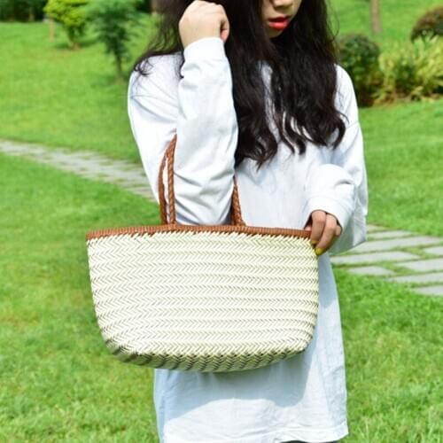 Womens 100% Genuine Leather Woven Shoulder Bag with Casual Woven Inside Bag Vintage Shopping Bag Cowhide Tote Bag