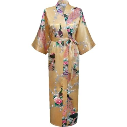 Gold Fashion Womens Peacock Long Kimono Bath Robe Nightgown Gown Yukata Bathrobe Sleepwear With Belt S M L XL XXL XXXL