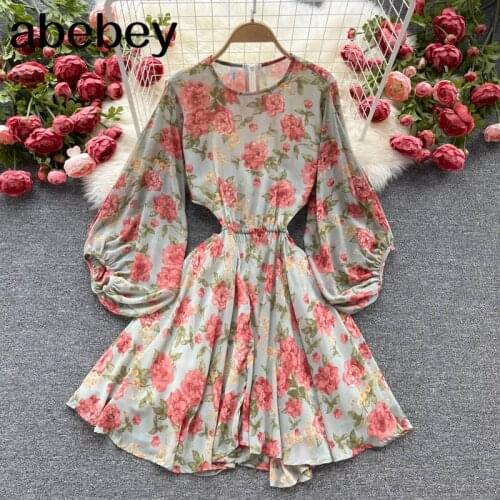 Korean Floral Dress Design O Neck Puff Sleeve A-line Dresses Summer Boho Print Vacation Dress