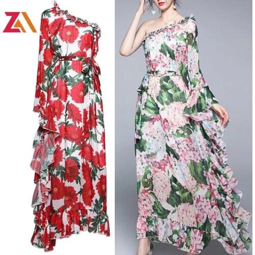 ZALady Designer Bohemia Beach Party Evening Maxi Dress Summer One Shoulder Elegant Floral Ruffles Loose Oversized Long Dresses