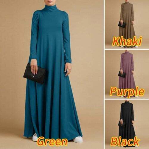 Womens Muslim Kaftan Abaya Loose Solid Turtleneck Ruffles Long Maxi Shirt Dress