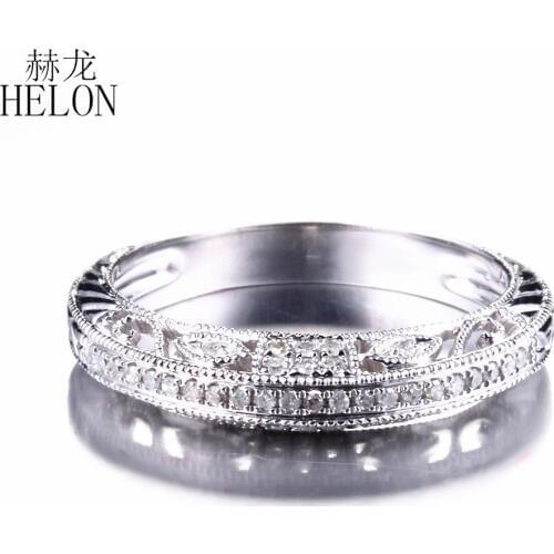 HELON Solid 14K White Gold 100% Genuine Natural Diamonds Ring For Women Half Eternity Wedding Ring Women Vintage Trendy Jewelry