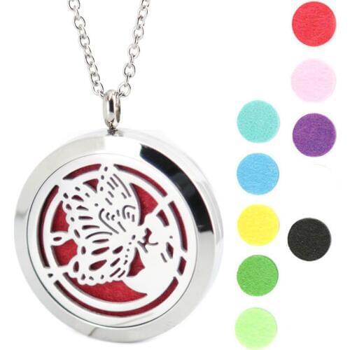 10pcs Round Silver A Butterfly 30mm Aromatherapy Essential Oils Stainless Steel Perfume Diffuser Locket With Free chain and Pads