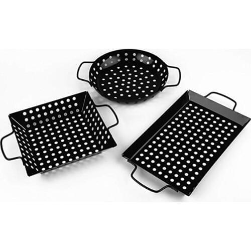 3 Styles Non Stick Heavy Duty Stainless Steel BBQ Vegetable Grill Basket Pan Set Environmentally Friendly Barbecue Utensils