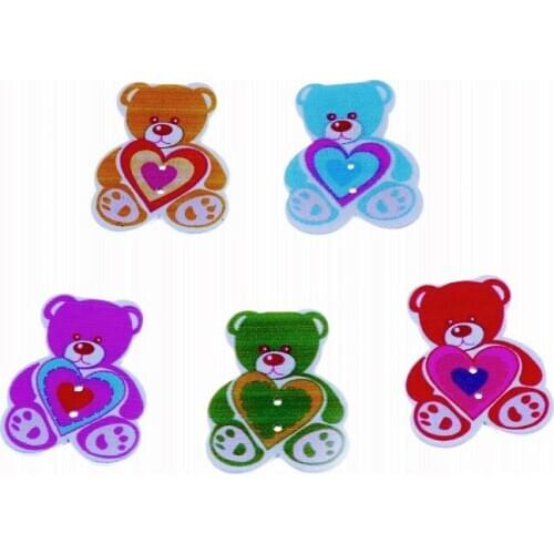 Free Shipping 25Pcs Random Mixed 2 Holes Pattern Love Heart Bear Wood Buttons Sewing Scrapbooking 39x31mm F1132