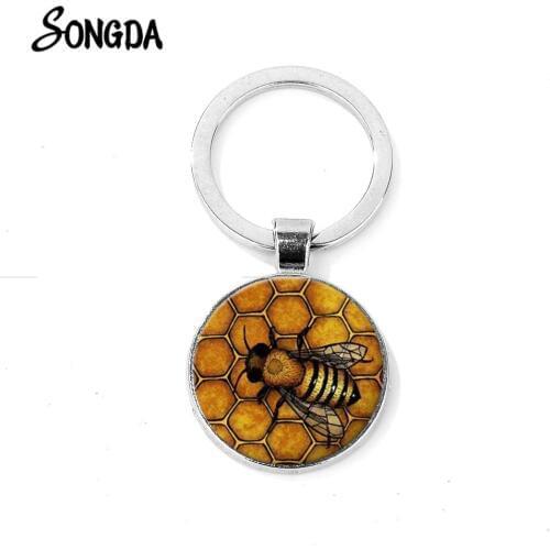 Gold Bee Honeycomb Keychain Fashion Honeybee Insect Steampunk Glass Cabochon Pendant Car Key Ring Beekeeper Gift Souvenir