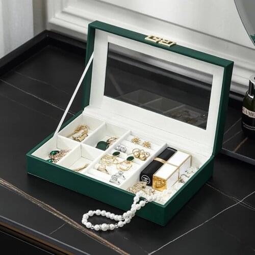 Casegrace Luxury Green PU Leather Jewelry Box Organizer Transparent Display Necklace Rings Earring Jewellery Storage Case Casket