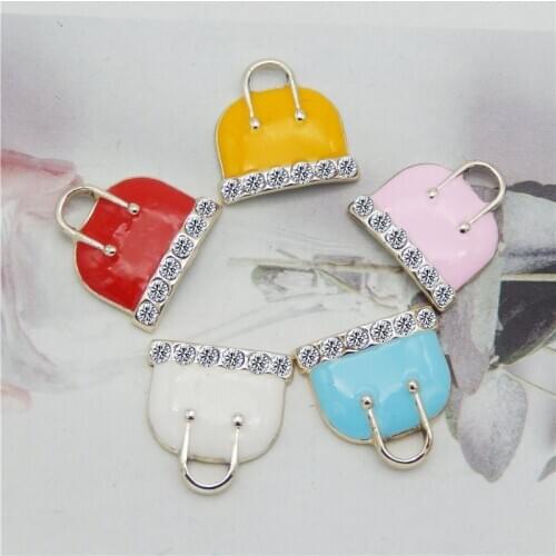 Julie Wang 5PCS Enamel Cartoon Bag Charms With Rhinestone Alloy Gold Tone Handbag Pendant Bracelet Jewelry Making Accessory