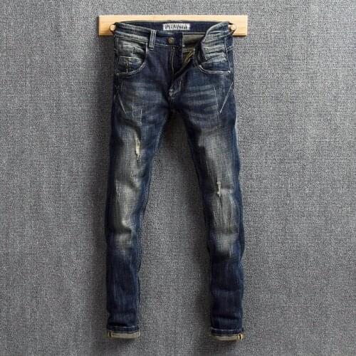European Vintage Fashion Men Jeans Retro Blue Elastic Slim Fit Ripped Jeans Men Distressed Patchwork Designer Casual Denim Pants