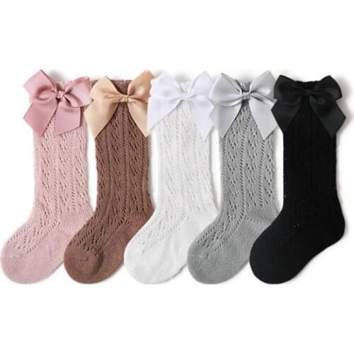 Baby Girls Socks Newborn Baby Mesh Cotton Hollow Out Stockings Long Tube Socks with Bowknot for Autumn Summer 0-3 Years