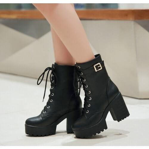 Koovan Womens Boots 2020 New Winter Leather Boots Female Rough Heel Boots Waterproof High Heel Boot Thick Bottom Womens Shoes