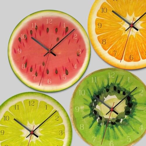 Creative Fruit Wall Clock Lemon Watermelon Kiwi Fruit Clock Watch Home Decor Living Room Clock Tropical Fruit Wall Art Timepiece