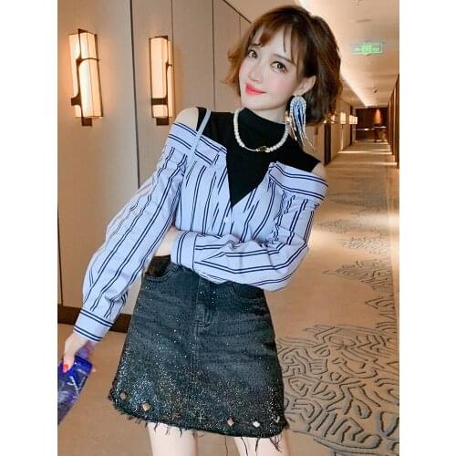 Fashion Turtleneck Sexy Double off-Shoulder Panel Striped Single-Breasted Long-Sleeved Shirt Womens 2020 Early Autumn New Style
