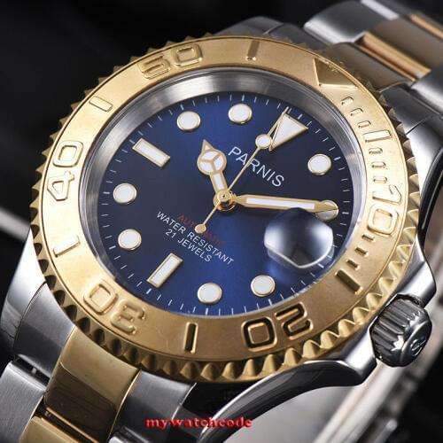 41mm Parnis blue dial Sapphire Ceramic 21 jewels miyota automatic mens watch 982