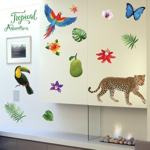 Leopard Parrot Butterfly Plant Leaf Wall Stickers For Home Decoration Cartoon Safari Mural Art Diy Kids Room Bedroom Wall Decal