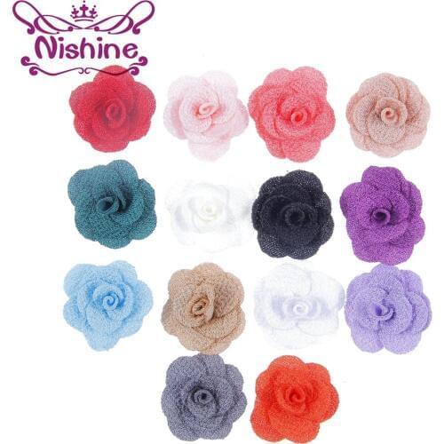 Nishine 50pcs/lot 1.5cm 14 Colors Mini Burlap Fabric Flowers For Girls Headband Hair Accessories DIY Craft Wedding Decorations