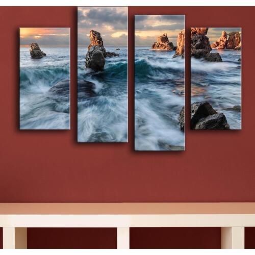 New product Print Oil Painting Wall painting 4PC rocks sea sky Wall Art Picture For Living Room painting Unframed