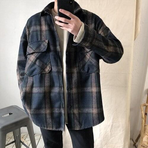 Autumn Streetwear Cotton Shirt Fashion Men Harajuku Flannel Plaid Shirts Casual 2021 Mens Button Up Shirt Long Sleeve