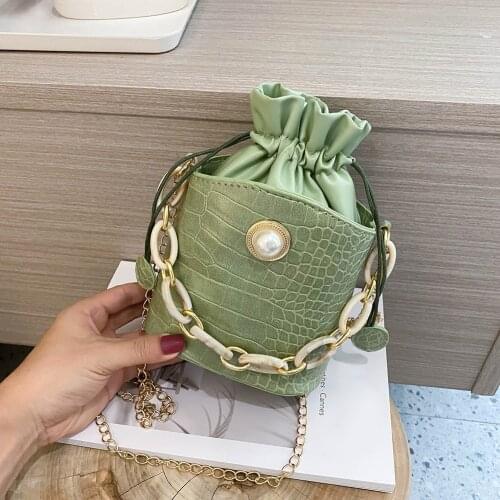 Casual Women Shoulder Bags PU Drawstring Bucket Chain Pure Small Messenger Pouch Popular Simple Female Daily Bag