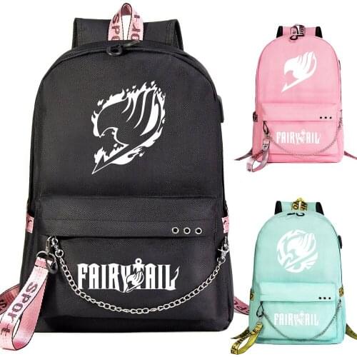 New Boys Girls Kids School bag Cartoon Cute Fairy Tail Prints Women USB Chain Backpack Canvas Men Bagpack Packsack Bookbag