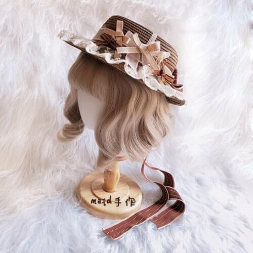 Womens Tiramisu Coffee Cute Bow Ribbon Lace Design Flat Straw Hat Elegant Retro Lolita Sun Hat Cosplay Headwear Summer Handmade