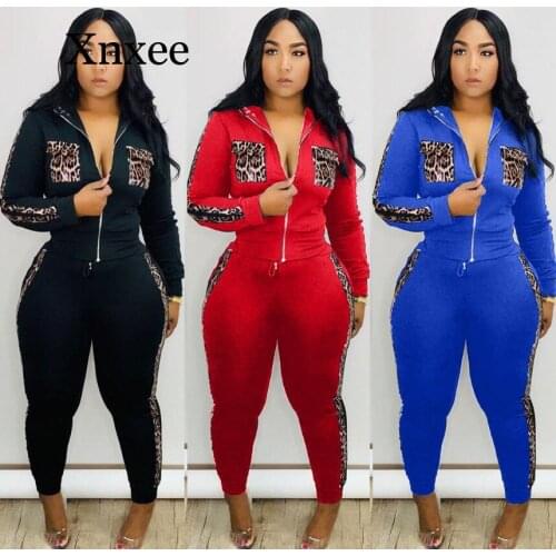 Tracksuit Women Leopard Print Splice Lounge Wear Two Piece Set Top And Pants Sweat Suits Streetwear Jogging Femme Sevy V Neck