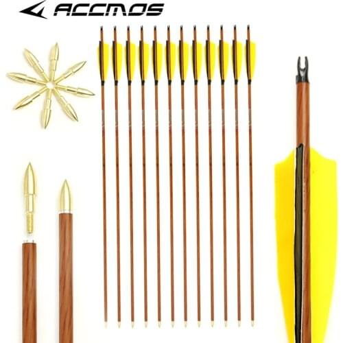 6/12pcs Wood Skin Carbon Arrows 32" ID 6.2mm Spine 400 450 500 600 700 With 5" Real Feather for Longbow Recurve Bow Hunting