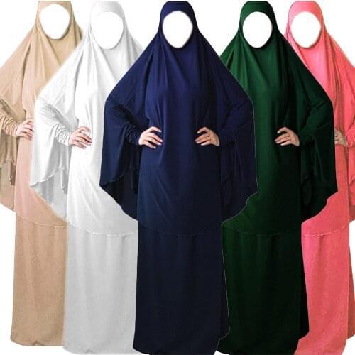 2PCS Traditional Muslim Women Prayer Niquab Burka Saudi Arabia Big Hijab Dress Abaya Set Islamic Dubai Worship Robe Gown Kaftan