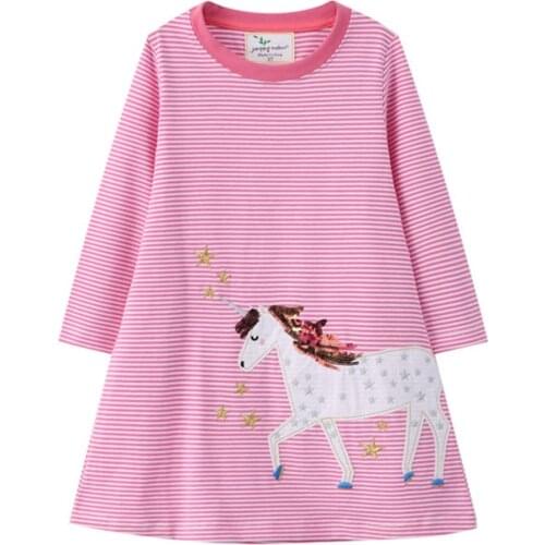 Jumping Meters Party Girls Dresses For Autumn Spring Unicorn Embroidery Stripe Kids Clothes Long Sleeve Toddler Frocks Costume