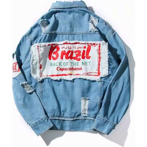 Spring and autumn 2021 Fashion street hip hop Korean denim jacket male loose ripped jacket couple bf wind student clothes