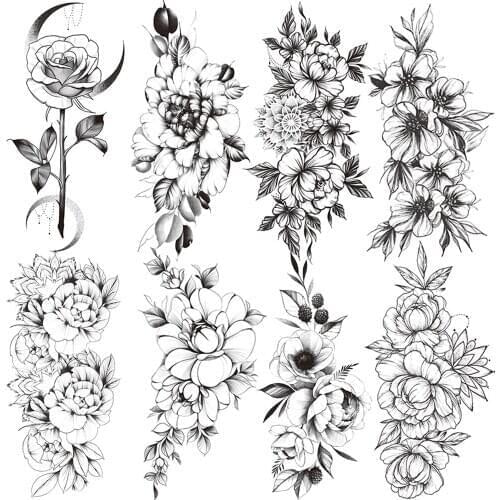 Branch Rose Flower Temporary Tattoo For Women Black Camellia Tattoos Sticker Daisy Mehndi Floral Waterproof Tatoo Paper Body Arm
