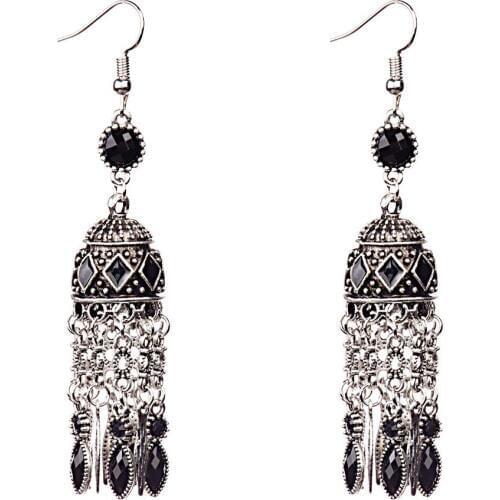 Vintage Tassel blue red beads stone Engraved Dome Charm Hook Earrings Drop long dangle earrings Women Jewelry Gift