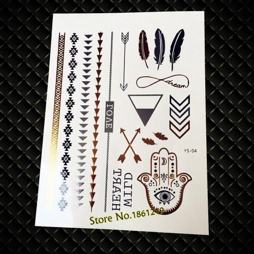 New Gold Silver Body Art Temporary Tattoo Sticker GYS4 indian Hamsa hand Eye Feather Bracelet arrow Design flash metallic Tattoo